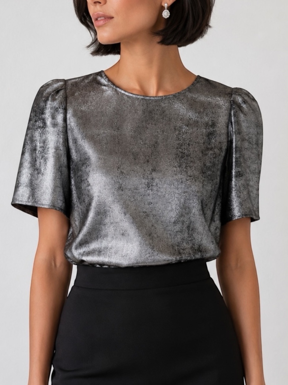 NEW Vince Camuto Mercury Metallic Puff Short Sleeve Blouse Women’s Size Small